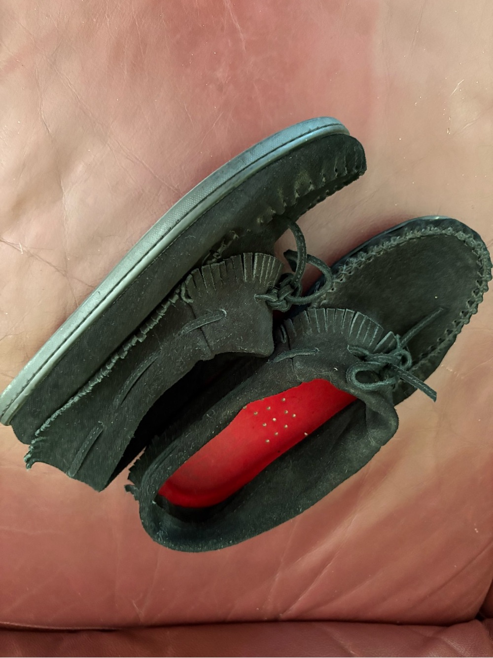 Black Suede Moccasin-Style Shoes with Red Insole